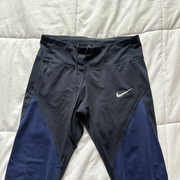 Nike Womens Running Capri Cropped Pants Leggings Black Blue Drawstring - Picture 4 of 9